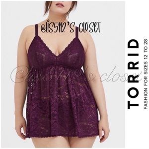 Torrid Grape Purple Lace Bralette Babydoll Chemise Lingerie Nightie 1X 14 16